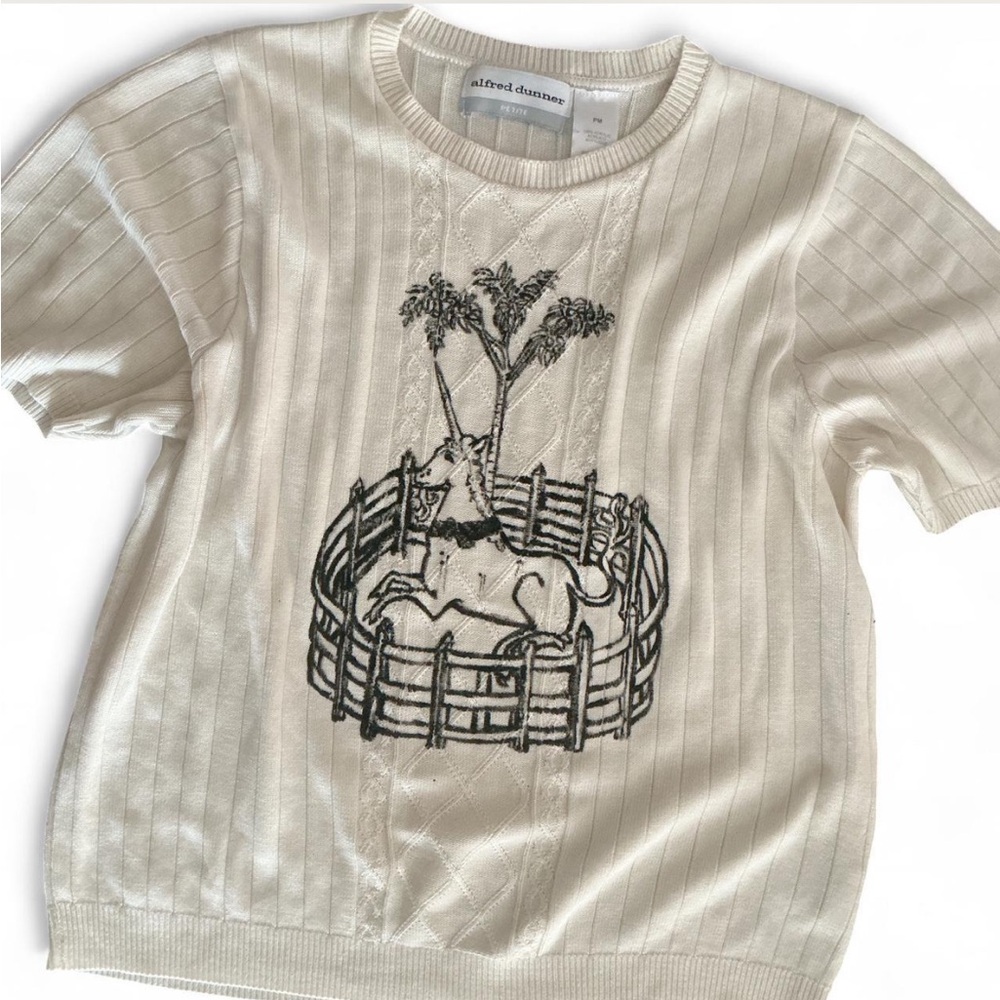 Unicorn painted Alfred Dunner Cream Knit Top with Embroidered Design
